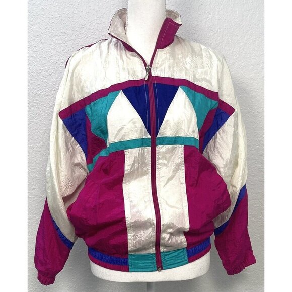 VTG 1980s BOLD SPIRIT Womens SMALL Jewel Tone Nylon Zip-Up Windbreaker JACKET - Picture 1 of 10